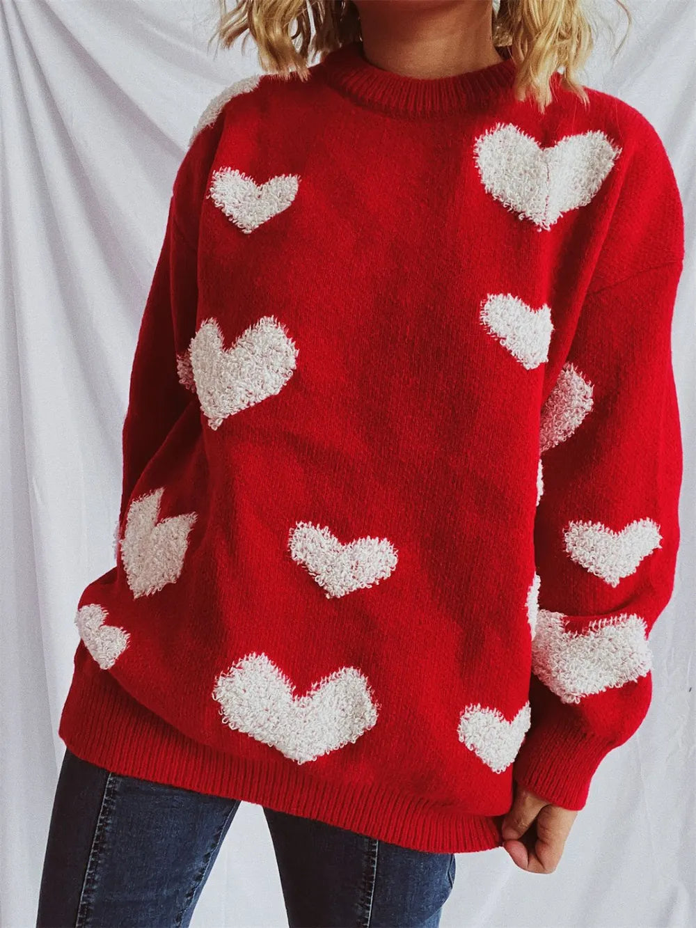 Heart Round Neck Dropped Shoulder Sweater